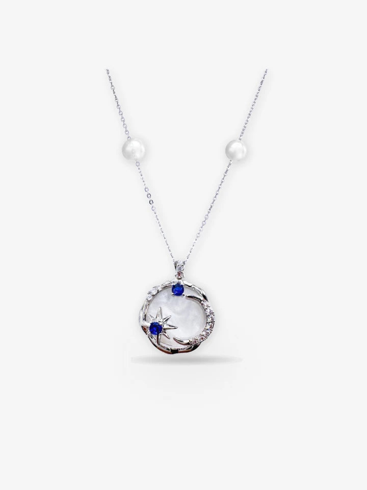 Title Product vendor Necklaces Celestial Crescent Moon & Twin Sapphire Stars Silver Necklace